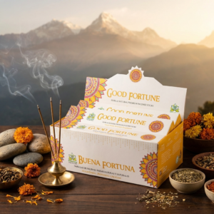 Good Fortune Premium Incense Sticks by Hemivarsha Incense. Beautiful display of "Buena Fortuna" natural incense sticks in an elegant white and gold box, with incense burning in a traditional brass holder releasing fragrant smoke. Styled with marigold flowers, stones, and herbs against a serene mountain landscape. Pure and natural premium incense sticks perfect for meditation, spiritual rituals, and creating positive energy in any space.