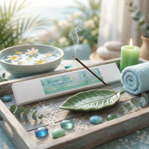 Oceanica Spa Hand-Dipped Incense by The Angelina Store. Elegant white gift box of premium hand-dipped incense sticks displayed on a green marble tray with a lit incense stick releasing fragrant smoke. Beautiful coastal styling with sea glass, driftwood, natural sea sponges, succulents, and ocean background. Calming spa-inspired home fragrance product from the Oceanica Spa Collection, perfect for meditation, relaxation, and creating a serene beach-like atmosphere.