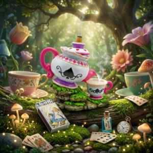 Whimsical Alice in Wonderland backflow incense burner set by The Angelina Store. Enchanting Mad Hatter-style teapot incense burner with pink and white details, releasing cascading smoke into a matching teacup. Fantasy scene surrounded by playing cards, "Drink Me" potion bottle, pocket watch, mushrooms, and glowing fairy lights in a magical forest setting. Charming novelty backflow incense burner perfect for creating a dreamy, storybook atmosphere.
