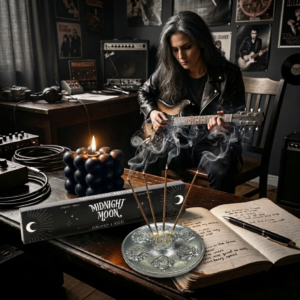 Midnight Moon incense sticks by The Angelina Store. Atmospheric product scene featuring "Midnight Moon" premium incense with elegant black packaging and burning sticks releasing fragrant smoke. A woman with long silver hair plays guitar in a moody, artistic music studio setting with amplifiers, vinyl records, and vintage decor. Dark, rock-inspired luxury incense perfect for meditation, creativity, and creating an immersive nocturnal ambiance.