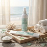Oceanica Spa Home Fragrance Room Spray by The Angelina Store. Elegant white spray bottle with beautiful seafoam green label displayed on a wooden windowsill with ocean view. Premium room spray featuring calming ocean-inspired fragrance, part of the luxurious Oceanica Spa Collection. Natural home fragrance product styled with seashells, stones, rolled towel, and a lit wax warmer creating a serene coastal atmosphere.