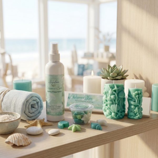Oceanica Spa Collection lifestyle display by The Angelina Store. Beautiful arrangement of premium spa products featuring Oceanica Spa Home Fragrance Room Spray, hand-dipped incense, wax melts, and two intricate sculptural pillar candles with ocean life designs. Serene beach-inspired setting with natural elements including seashells, starfish, rolled towels, and a calming ocean view. Luxurious natural home fragrance and self-care collection in soft seafoam green tones.