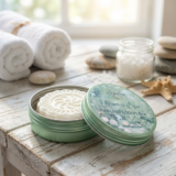 Oceanica Spa Natural Lotion Bar by The Angelina Store. Luxurious solid lotion bar in a beautiful light green metal tin with elegant seashell-themed lid. Creamy white embossed lotion bar made with natural butters and oils for deep hydration. Part of the calming Oceanica Spa Collection, perfect for nourishing dry skin while delivering a light, fresh ocean-inspired scent. Shown on a rustic whitewashed wooden surface with rolled towels and natural elements.