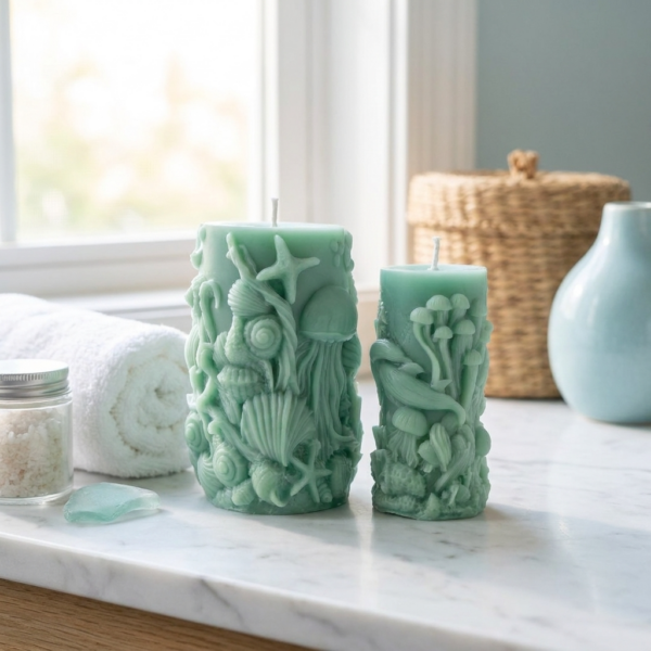 Handcrafted seafoam green sculptural pillar candle from The Angelina Store's Oceanica Spa Collection. Beautiful artisan candle featuring intricate raised ocean life designs including a prominent jellyfish, starfish, seashells, and coral. Calming spa-inspired candle in a soft mint green color, perfect for creating a serene, coastal, and relaxing atmosphere. Premium natural wax candle for meditation, bathroom decor, and ocean-themed home styling.
