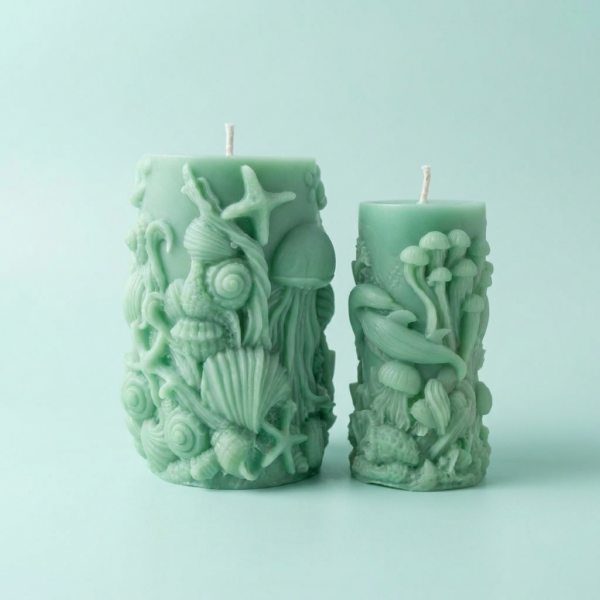 Handcrafted seafoam green sculptural pillar candle from The Angelina Store's Oceanica Spa Collection. Beautiful artisan candle featuring intricate raised ocean life designs including a prominent jellyfish, starfish, seashells, and coral. Calming spa-inspired candle in a soft mint green color, perfect for creating a serene, coastal, and relaxing atmosphere. Premium natural wax candle for meditation, bathroom decor, and ocean-themed home styling.