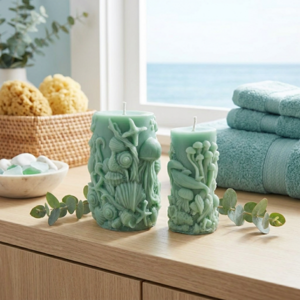 Handcrafted seafoam green sculptural pillar candle from The Angelina Store's Oceanica Spa Collection. Beautiful artisan candle featuring intricate raised ocean life designs including a prominent jellyfish, starfish, seashells, and coral. Calming spa-inspired candle in a soft mint green color, perfect for creating a serene, coastal, and relaxing atmosphere. Premium natural wax candle for meditation, bathroom decor, and ocean-themed home styling.