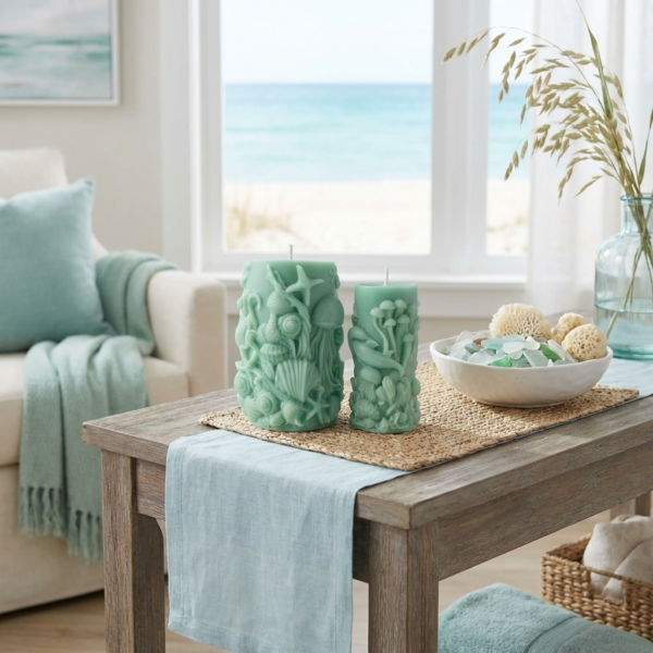 Handcrafted seafoam green sculptural pillar candle from The Angelina Store's Oceanica Spa Collection. Beautiful artisan candle featuring intricate raised ocean life designs including a prominent jellyfish, starfish, seashells, and coral. Calming spa-inspired candle in a soft mint green color, perfect for creating a serene, coastal, and relaxing atmosphere. Premium natural wax candle for meditation, bathroom decor, and ocean-themed home styling.