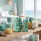 Handcrafted seafoam green sculptural pillar candle from The Angelina Store's Oceanica Spa Collection. Beautiful artisan candle featuring intricate raised ocean life designs including a prominent jellyfish, starfish, seashells, and coral. Calming spa-inspired candle in a soft mint green color, perfect for creating a serene, coastal, and relaxing atmosphere. Premium natural wax candle for meditation, bathroom decor, and ocean-themed home styling.