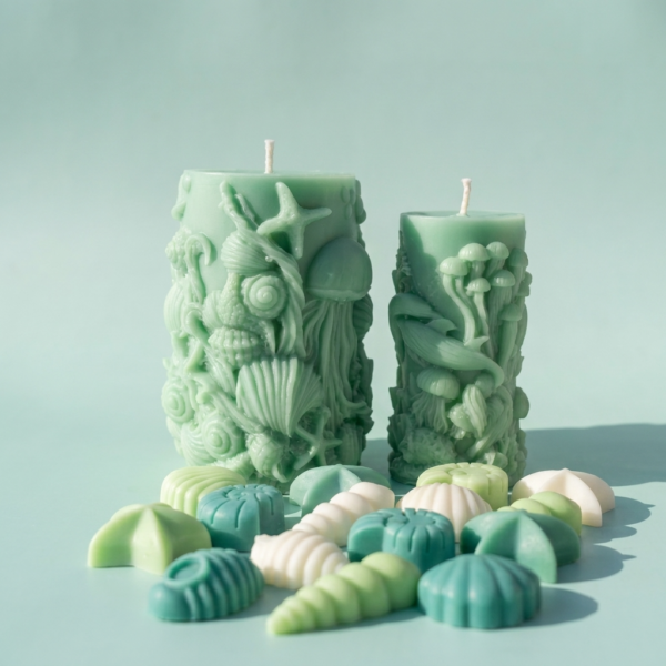 Oceanica Spa Collection display by The Angelina Store featuring two beautiful seafoam green sculptural pillar candles with intricate ocean life designs (jellyfish, starfish, seashells, coral, and dolphins) alongside assorted coordinating wax melts in various sea-inspired shapes. Serene coastal product photography with a lit tea light, seashells, sea glass, and driftwood creating a calming spa atmosphere. Premium handcrafted candles and wax melts perfect for ocean-themed home fragrance and relaxation.