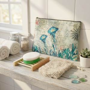 Oceanica Spa Soap Set by The Angelina Store. Beautiful collection of handmade seafoam green sculptural pillar candles and coordinating bath soaps featuring intricate ocean life designs including jellyfish, starfish, seashells, and coral. Part of the luxurious Oceanica Spa Collection, these artisan soaps and candles bring a calming, coastal spa experience to any bathroom. Premium natural skincare and home fragrance products.