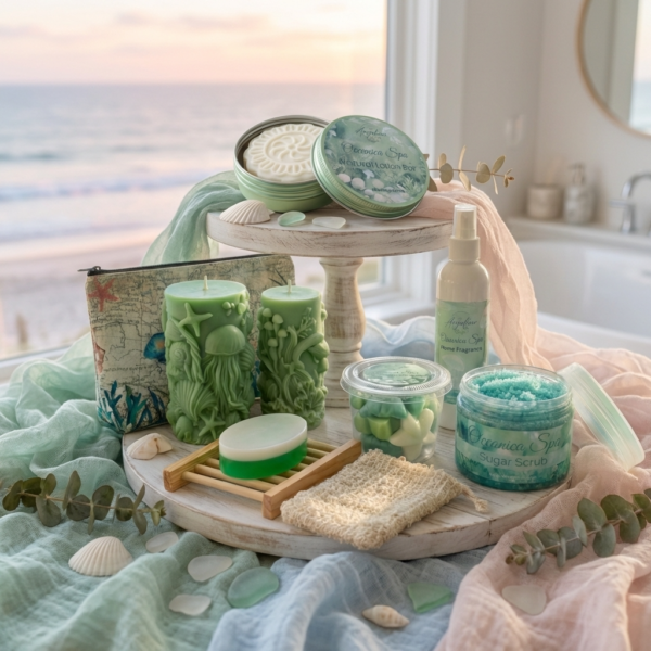 Luxurious Oceanica Spa Collection display by The Angelina Store. Beautiful arrangement of handcrafted seafoam green sculptural pillar candles, sugar scrub, natural lotion bar, wax melts, room spray, and matching jellyfish pouch. Complete coastal spa gift set styled on a wooden tray with seashells, eucalyptus, and soft fabrics against an ocean sunset background. Premium self-care and home fragrance collection perfect for relaxation and gifting.