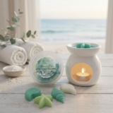Oceanica Spa Organic Soy Wax Melts by The Angelina Store. Beautiful clear container filled with premium organic soy wax melts, surrounded by individual shaped melts including a starfish, nautilus shell, and conch shell. Part of the calming Oceanica Spa Collection with soothing sea-inspired fragrances. Natural home fragrance wax melts perfect for wax warmers and creating a relaxing coastal atmosphere.