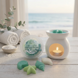 Oceanica Spa Organic Soy Wax Melts by The Angelina Store. Beautiful clear container filled with premium organic soy wax melts, surrounded by individual shaped melts including a starfish, nautilus shell, and conch shell. Part of the calming Oceanica Spa Collection with soothing sea-inspired fragrances. Natural home fragrance wax melts perfect for wax warmers and creating a relaxing coastal atmosphere.