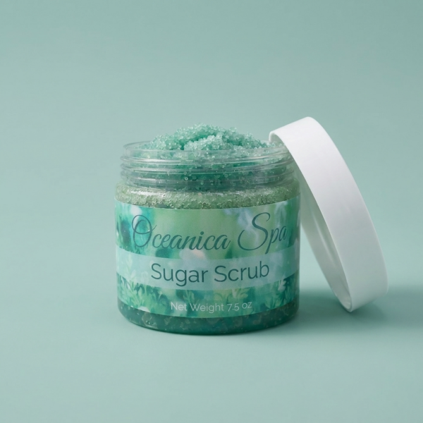 Oceanica Spa Sugar Scrub by The Angelina Store. Luxurious turquoise green sugar scrub in a clear jar with white lid, displayed on a whitewashed wooden table with ocean view background. Exfoliating body scrub made with natural ingredients, perfect for smooth, glowing skin. Part of the calming Oceanica Spa Collection featuring sea-inspired self-care products. Spa-like bathroom and skincare product photography with rolled towels, seashells, and natural elements.