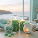 Oceanica Spa Home Fragrance Collection by The Angelina Store. Beautiful lifestyle display featuring the Oceanica Spa Room Spray, hand-dipped incense sticks, wax melts, Natural Lotion Bar, and sculptural pillar candles. Complete spa-inspired home fragrance set with jellyfish-themed pouch and natural elements. Calming coastal collection perfect for creating a serene, beach-inspired atmosphere in any home.