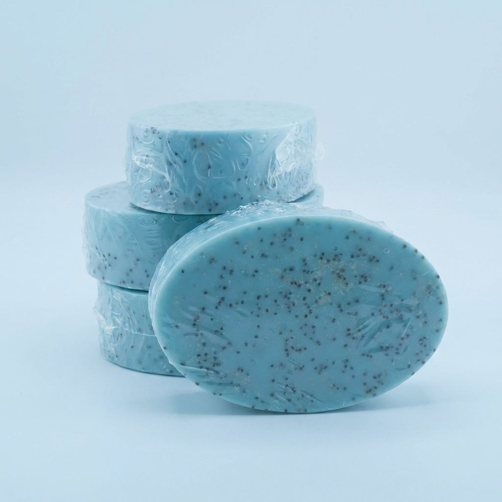 Stack of handmade Blue Tansy Gentle Exfoliating Cleansing Bars by The Angelina Store. Beautiful light blue artisan soap bars made with Blue Tansy, Chamomile, and Lavender essential oils, enriched with poppy seeds for gentle exfoliation and kaolin clay for soothing and purifying the skin. Natural, calming skincare soap with a luxurious speckled texture, perfect for sensitive skin.