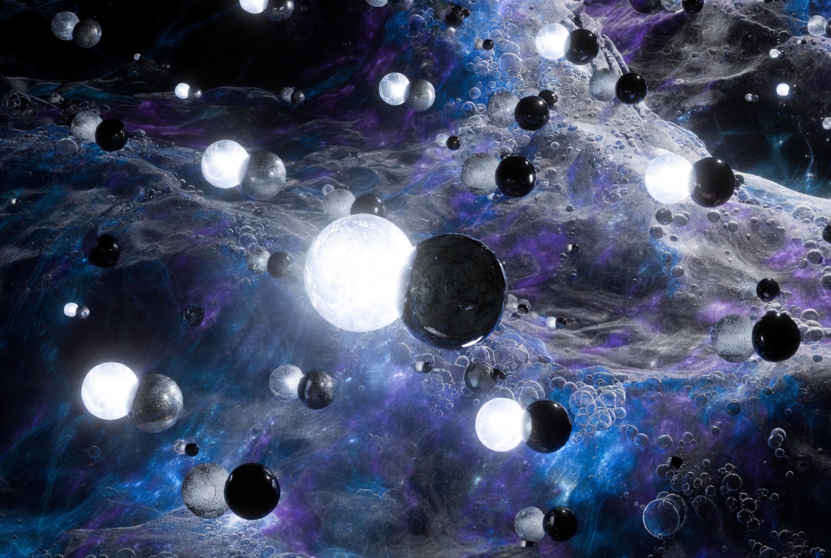 Abstract representation of the Planck Regime — a chaotic sea of virtual particles and quantum foam where space and time become turbulent. Bright glowing orbs emerge and dissolve within vibrant purple and blue cosmic clouds, illustrating the fundamental nature of reality at the smallest possible scales.
